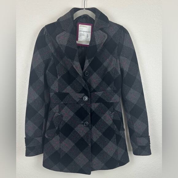 Aeropostale Wool Black, Gray and Pink Plaid Pea Coat Size Small - Picture 2 of 13